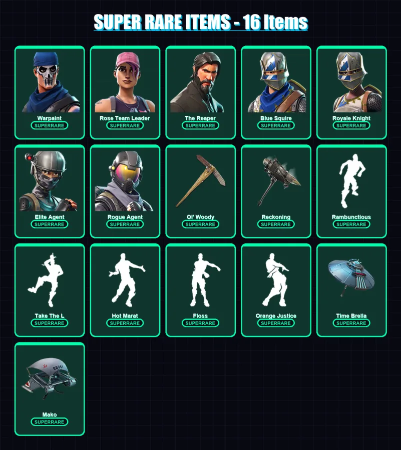 [PS4/PS5/XBOX/PC] | Warpaint | Rose Team Leader | The Reaper | Blue Squire | Royale Knight | 38 skin | 27 pickaxe | 36 emote | 35 glider | Lv439