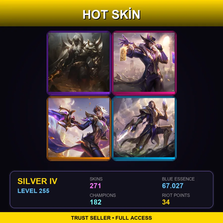 VN | Prestige Blood Moon Aatrox | Victorious Twisted Fate | Victorious Fiora | Victorious Lucian | 271 Skin | 182 Champ | Silver IV | Lv255