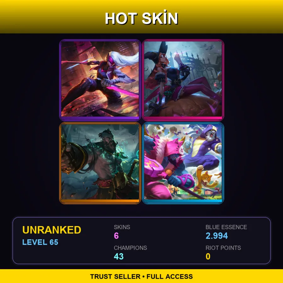 EUNE | PROJECT: Katarina | Bewitching Miss Fortune | Gangplank the Betrayer | Pretty Kitty Rengar | 6 Skin | 43 Champ | Lv65