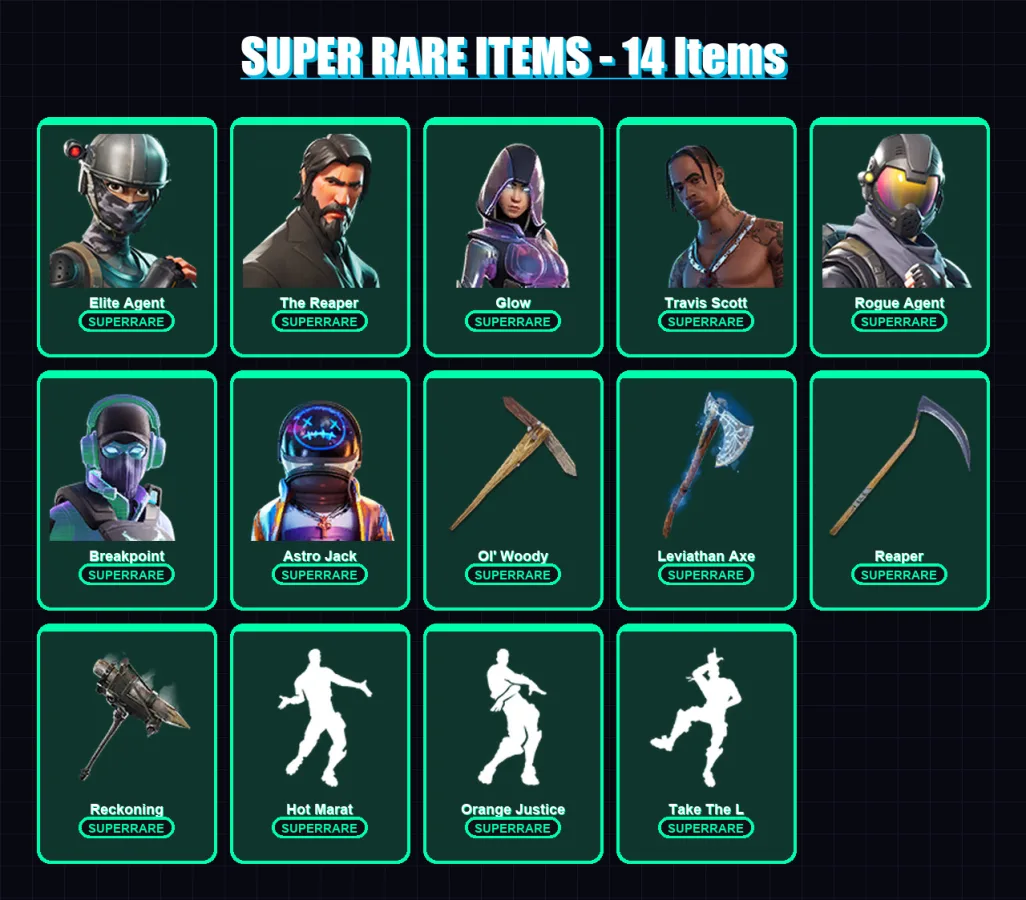 [PC/XBOX/PSN] | Elite Agent | The Reaper | Glow | Travis Scott | Rogue Agent | 183 skin | 158 pickaxe | 155 emote | 130 glider | Lv2435