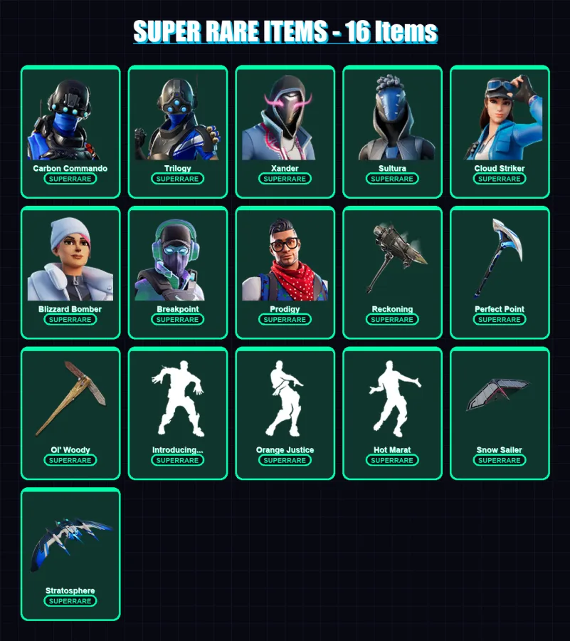 [PC] | Carbon Commando | Trilogy | Xander | Sultura | Cloud Striker | 215 skin | 210 pickaxe | 207 emote | 169 glider | Lv2048