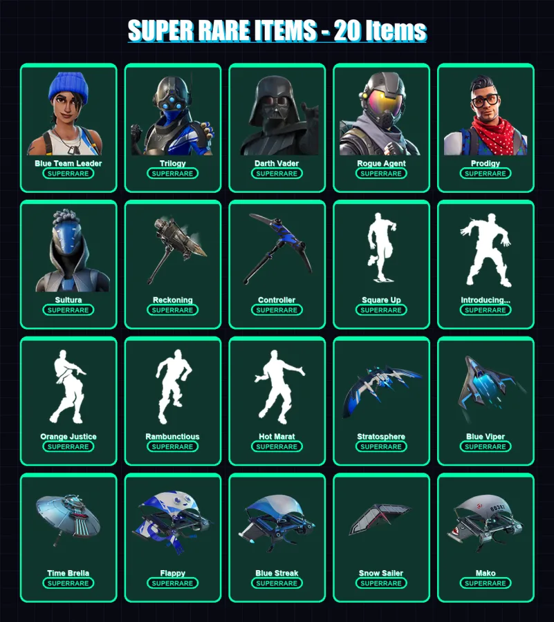 [PS4/PS5/XBOX/PC] | Blue Team Leader | Trilogy | Darth Vader | Rogue Agent | Prodigy | 109 skin | 144 pickaxe | 123 emote | 149 glider | Lv2267