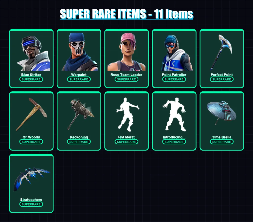 [PC/XBOX/PSN] | Blue Striker | Warpaint | Rose Team Leader | Point Patroller | Blackheart | 92 skin | 141 pickaxe | 118 emote | 115 glider | Lv1536
