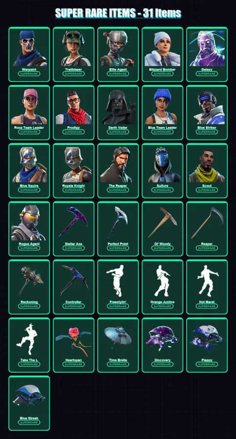 [PS4/PS5/XBOX/PC] | Warpaint | Trailblazer | Elite Agent | Blizzard Bomber | Galaxy | 322 skin | 294 pickaxe | 291 emote | 193 glider | Lv2101
