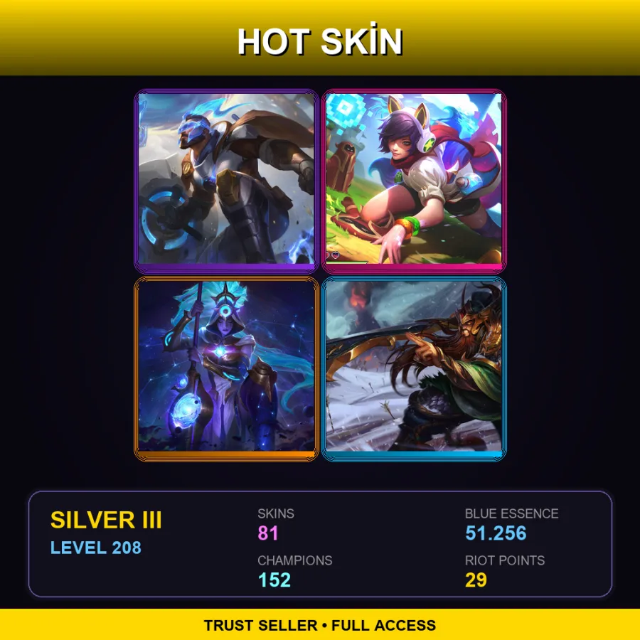 TR | Pulsefire Pantheon | Arcade Ahri | Cosmic Huntress Nidalee | Warring Kingdoms Tryndamere | 81 Skin | 152 Champ | Silver III | Lv208