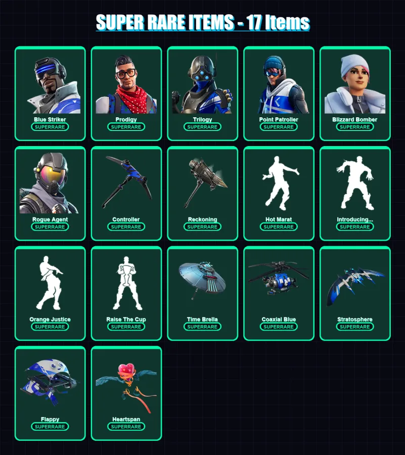 [PS4/PS5/XBOX/PC] | Blue Striker | Prodigy | Trilogy | Point Patroller | Blizzard Bomber | 196 skin | 178 pickaxe | 192 emote | 175 glider | Lv3206