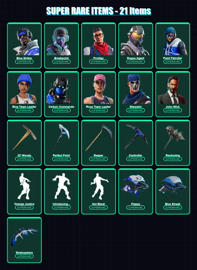 [PS4/PS5/XBOX/PC] | Blue Striker | Breakpoint | Prodigy | Rogue Agent | Point Patroller | 154 skin | 127 pickaxe | 112 emote | 115 glider | Lv1568