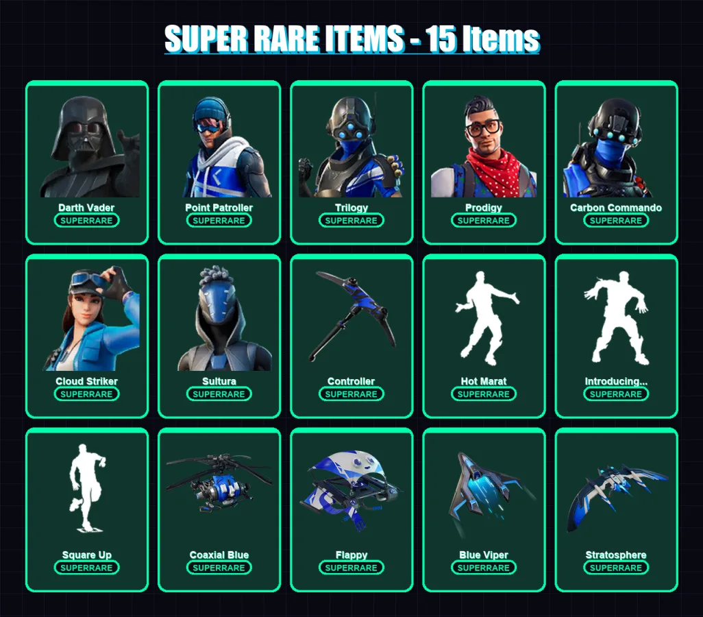 [PS4/PS5/XBOX/PC] | Darth Vader | Point Patroller | Trilogy | Prodigy | Carbon Commando | 79 skin | 106 pickaxe | 87 emote | 103 glider | Lv1783