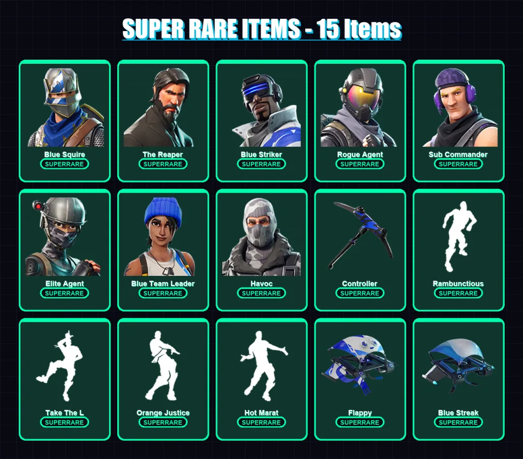 [PC/XBOX/PSN] | Blue Squire | The Reaper | Blue Striker | Rogue Agent | Sub Commander | 64 skin | 24 pickaxe | 31 emote | 23 glider | Lv257