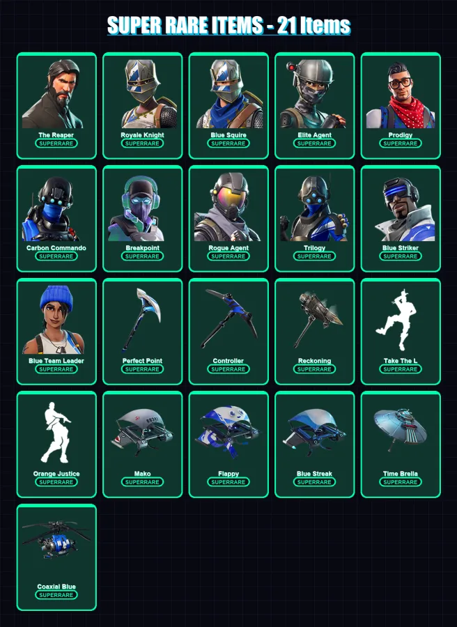 [PS4/PS5/XBOX/PC] | The Reaper | Royale Knight | Blue Squire | Elite Agent | Prodigy | 105 skin | 89 pickaxe | 109 emote | 90 glider | Lv1139