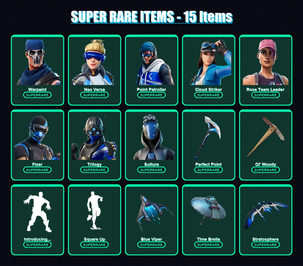 [PC/XBOX] | Warpaint | Neo Versa | Point Patroller | Cloud Striker | Rose Team Leader | 179 skin | 143 pickaxe | 149 emote | 107 glider | Lv1379