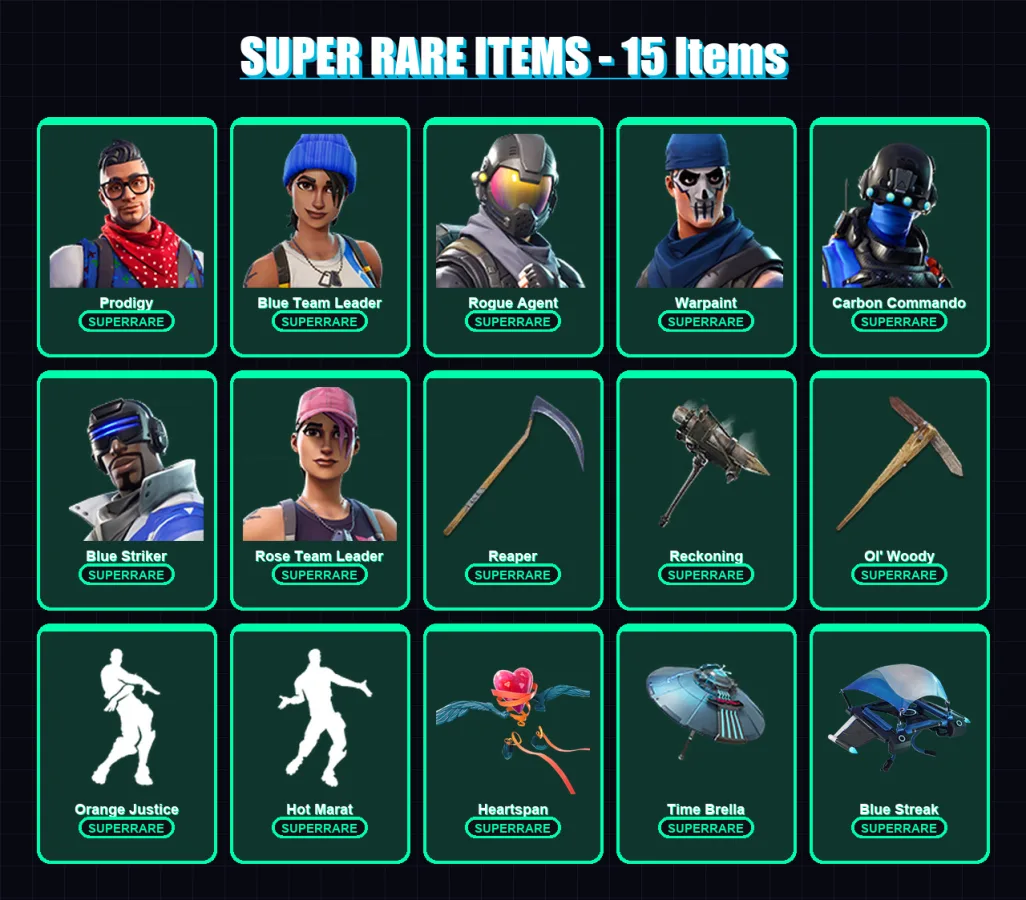[PC/XBOX/PSN] | Prodigy | Blue Team Leader | Rogue Agent | Warpaint | Carbon Commando | 75 skin | 80 pickaxe | 89 emote | 90 glider | Lv1504