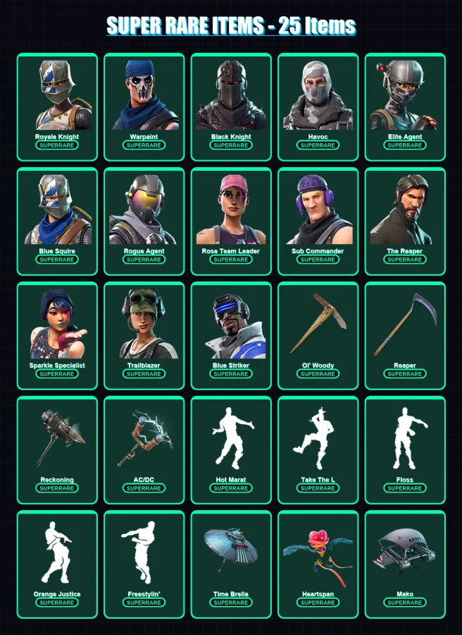 [PC/XBOX] | Royale Knight | Warpaint | Black Knight | Havoc | Elite Agent | 96 skin | 64 pickaxe | 68 emote | 69 glider | Lv904