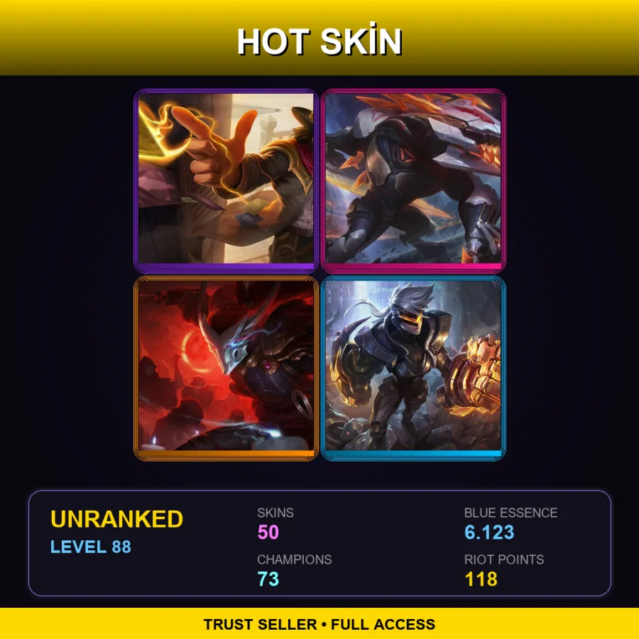 NA | High Noon Twisted Fate | PROJECT: Renekton | Blood Moon Yasuo | PROJECT: Vi | 50 Skin | 73 Champ | Lv88