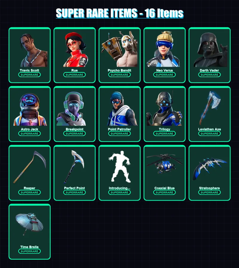 [PS4/PS5/XBOX/PC] | Travis Scott | Rue | Psycho Bandit | Neo Versa | Darth Vader | 337 skin | 225 pickaxe | 173 emote | 161 glider | Lv3338