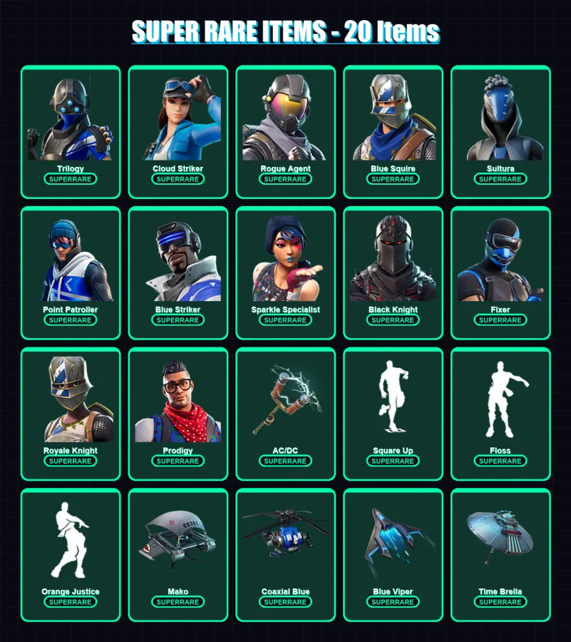 [PS4/PS5/XBOX/PC] | Trilogy | Cloud Striker | Rogue Agent | Blue Squire | Sultura | 37 skin | 57 pickaxe | 54 emote | 64 glider | Lv1320