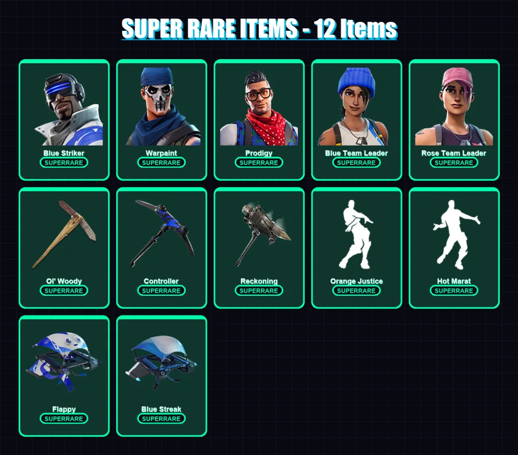 [PC/XBOX] | Blue Striker | Warpaint | Prodigy | Blue Team Leader | Rose Team Leader | 38 skin | 31 pickaxe | 45 emote | 30 glider | Lv366