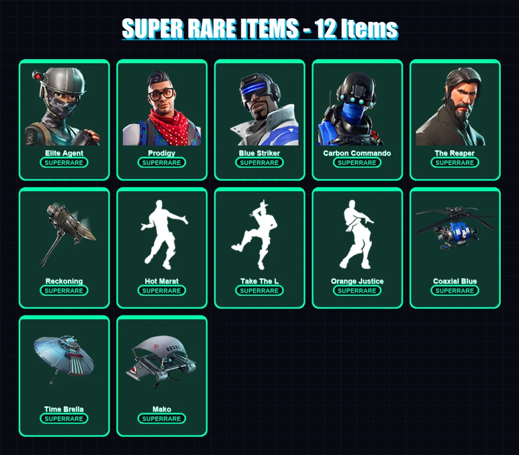 [PS4/PS5/XBOX/PC] | Elite Agent | Prodigy | Blue Striker | Carbon Commando | The Reaper | 96 skin | 108 pickaxe | 101 emote | 114 glider | Lv1918