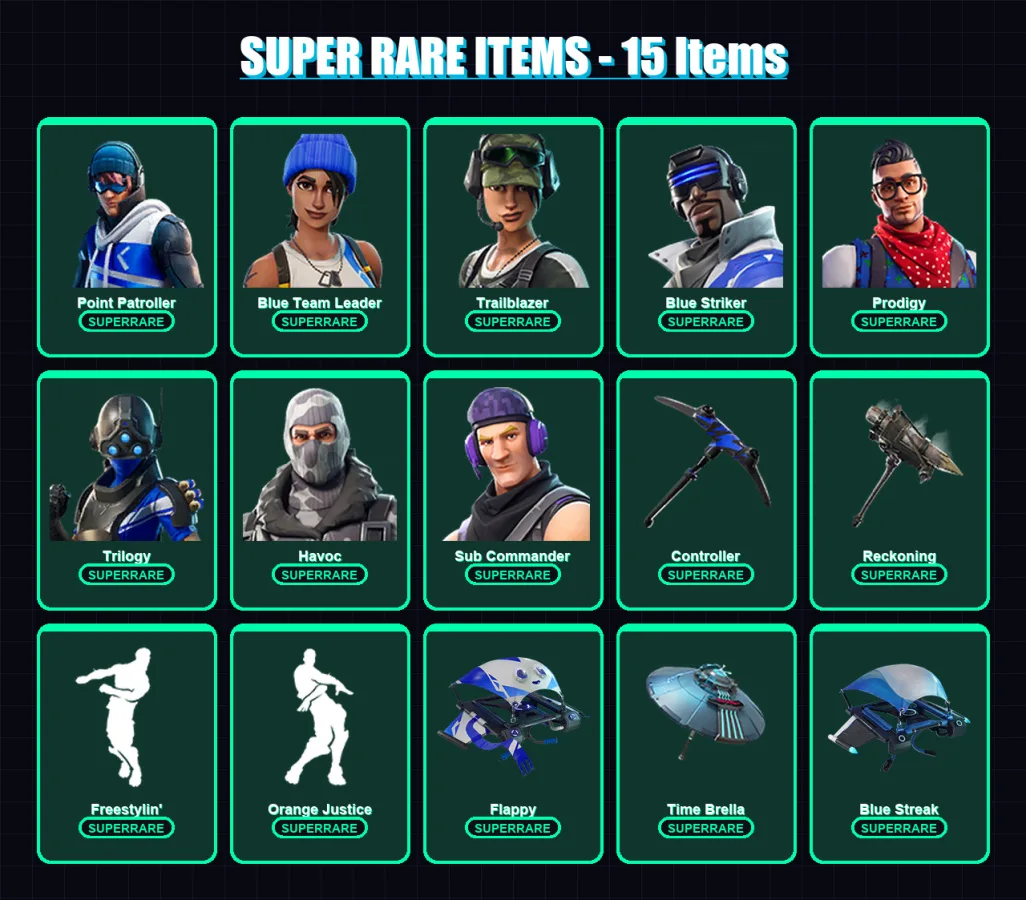 [PS4/PS5/XBOX/PC] | Point Patroller | Blue Team Leader | Trailblazer | Blue Striker | Prodigy | 42 skin | 109 pickaxe | 55 emote | 79 glider | Lv110