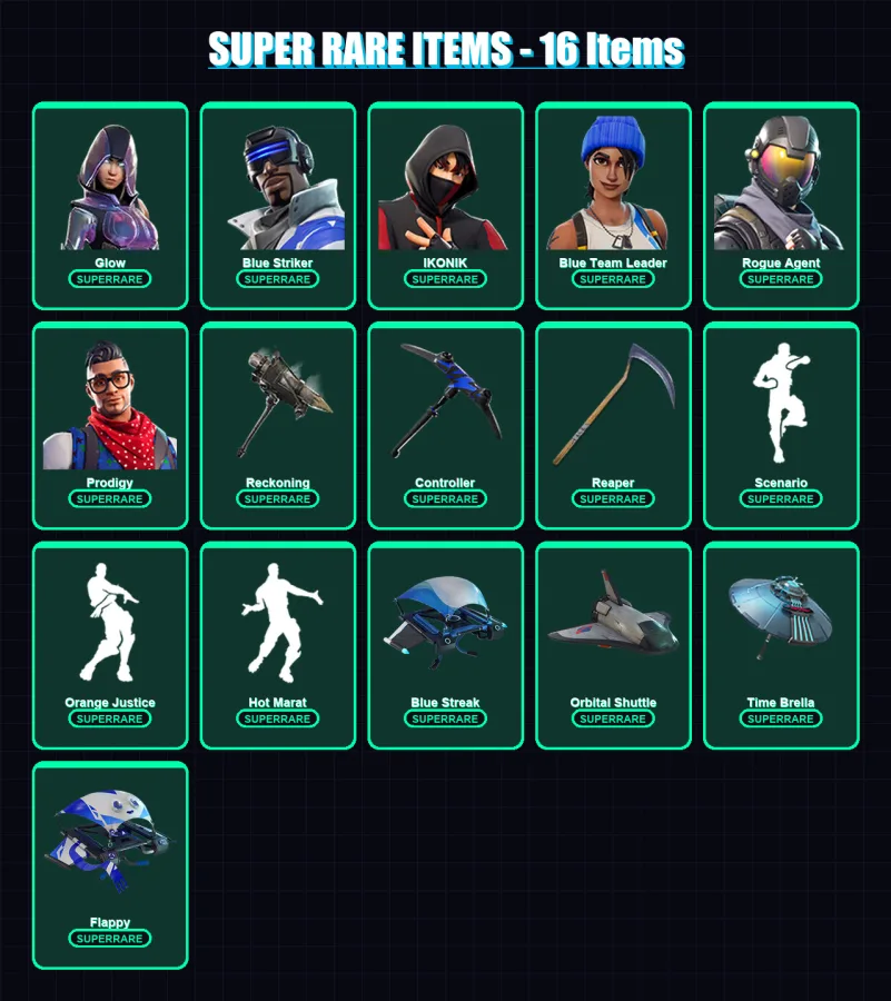 [PS4/PS5/XBOX/PC] | Glow | Blue Striker | IKONIK | Blue Team Leader | Rogue Agent | 95 skin | 94 pickaxe | 90 emote | 76 glider | Lv1050