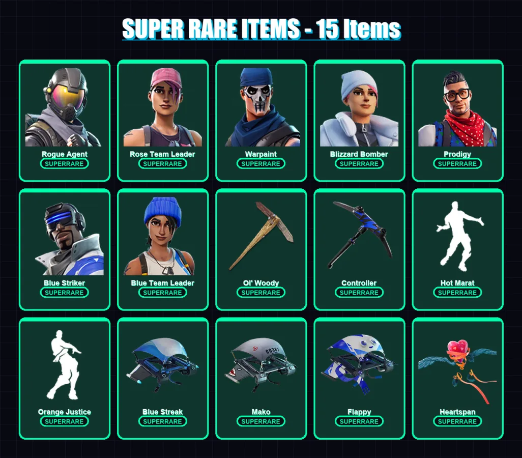 [PS4/PS5/XBOX/PC] | Rogue Agent | Rose Team Leader | Warpaint | Blizzard Bomber | Prodigy | 110 skin | 103 pickaxe | 95 emote | 92 glider | Lv1133