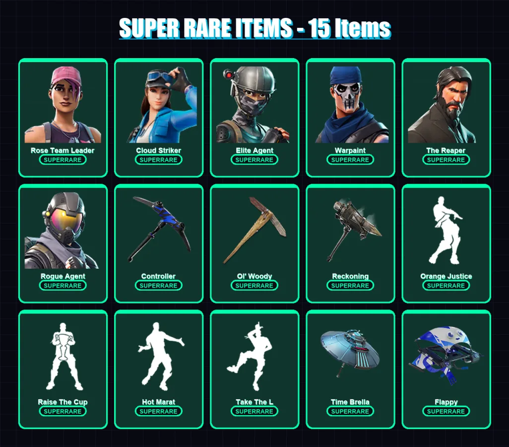 [PC/XBOX] | Rose Team Leader | Cloud Striker | Elite Agent | Warpaint | The Reaper | 159 skin | 155 pickaxe | 149 emote | 155 glider | Lv2000