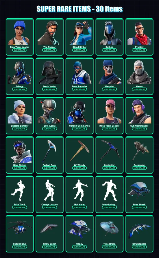 [PS4/PS5/XBOX/PC] | Blue Team Leader | The Reaper | Cloud Striker | Sultura | Prodigy | 229 skin | 229 pickaxe | 198 emote | 193 glider | Lv2377