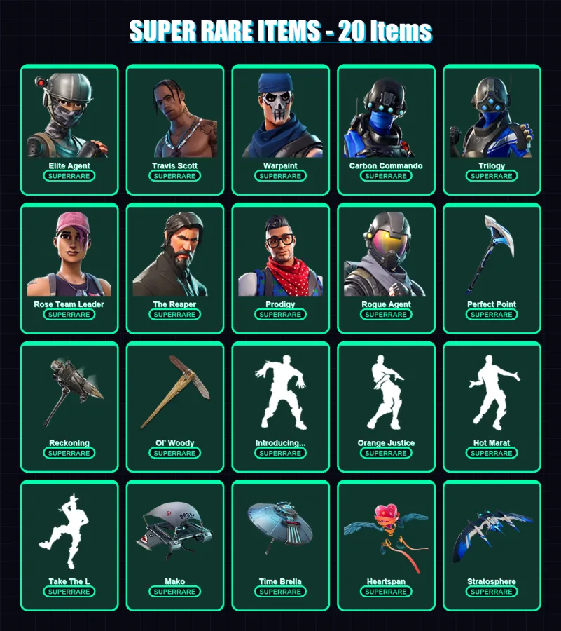 [PS4/PS5/XBOX/PC] | Elite Agent | Travis Scott | Warpaint | Carbon Commando | Trilogy | 105 skin | 99 pickaxe | 102 emote | 107 glider | Lv1745