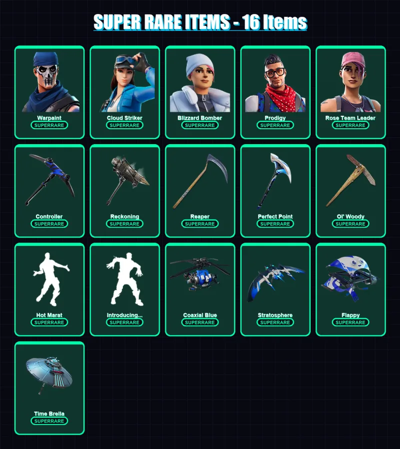 [PC/XBOX/PSN] | Warpaint | Cloud Striker | Blizzard Bomber | Prodigy | Rose Team Leader | 167 skin | 199 pickaxe | 158 emote | 165 glider | Lv2240