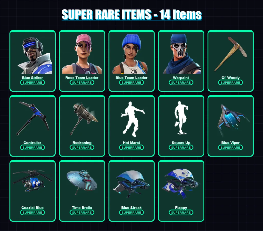 [PC] | Blue Striker | Rose Team Leader | Blue Team Leader | Warpaint | Ragnarok | 66 skin | 80 pickaxe | 91 emote | 89 glider | Lv1308 — Fortnite account