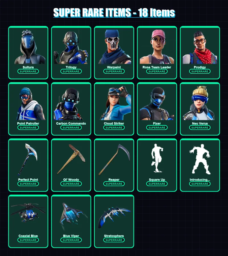 [PC/XBOX] | Sultura | Trilogy | Warpaint | Rose Team Leader | Prodigy | 86 skin | 116 pickaxe | 88 emote | 91 glider | Lv1352