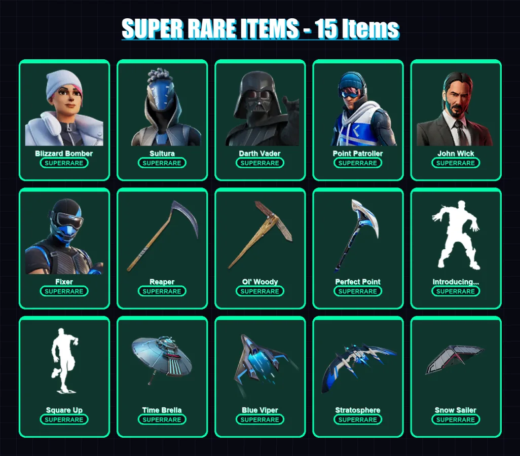 [PS4/PS5/XBOX/PC] | Blizzard Bomber | Sultura | Darth Vader | Point Patroller | John Wick | 453 skin | 415 pickaxe | 485 emote | 264 glider | Lv4942