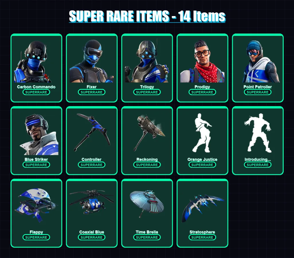 [PS4/PS5/XBOX/PC] | Carbon Commando | Fixer | Trilogy | Prodigy | Point Patroller | 69 skin | 89 pickaxe | 75 emote | 96 glider | Lv1345