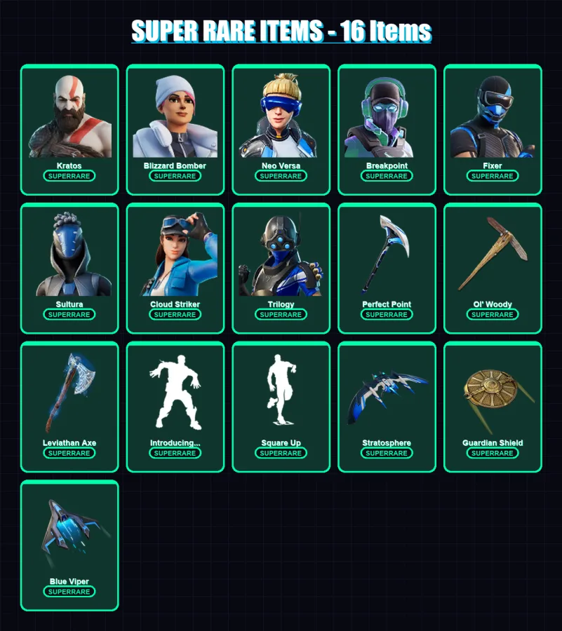 [PC] | Kratos | Blizzard Bomber | Neo Versa | Breakpoint | Fixer | 344 skin | 341 pickaxe | 239 emote | 177 glider | Lv2103
