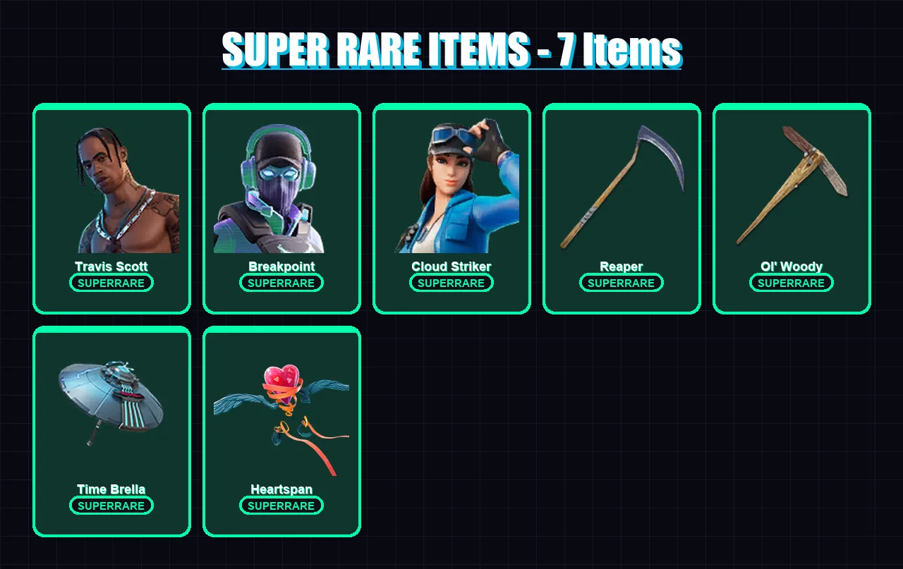 [PC] | Travis Scott | Breakpoint | Cloud Striker | Joey | Paradigm (Reality-659) | 245 skin | 238 pickaxe | 212 emote | 189 glider | Lv2890