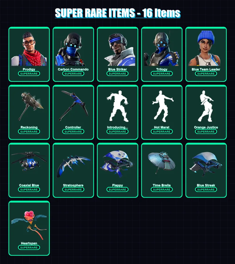 [PC/XBOX/PSN] | Prodigy | Carbon Commando | Blue Striker | Trilogy | Blue Team Leader | 48 skin | 30 pickaxe | 45 emote | 45 glider | Lv600