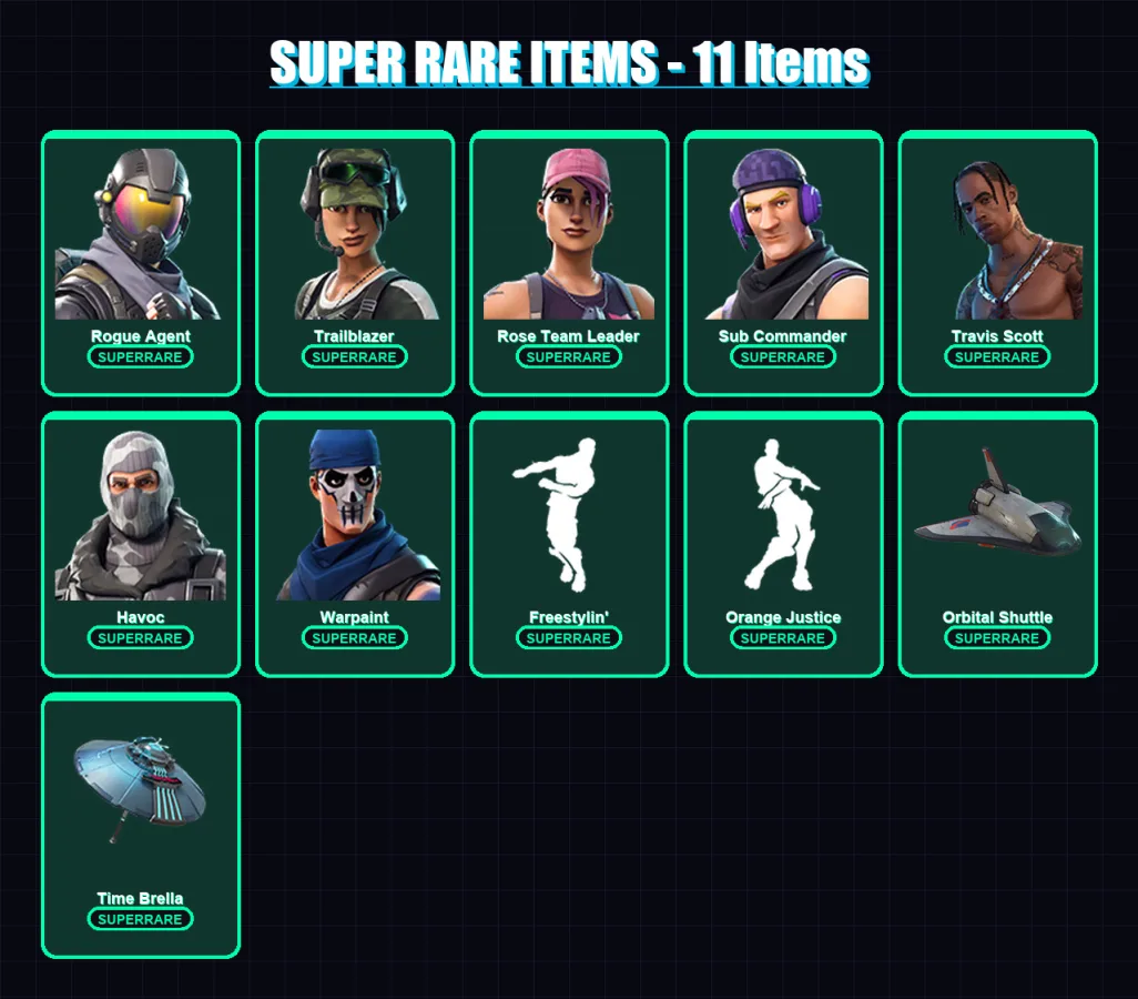 [PC] | Rogue Agent | Trailblazer | Rose Team Leader | Sub Commander | Travis Scott | 34 skin | 62 pickaxe | 47 emote | 52 glider | Lv985