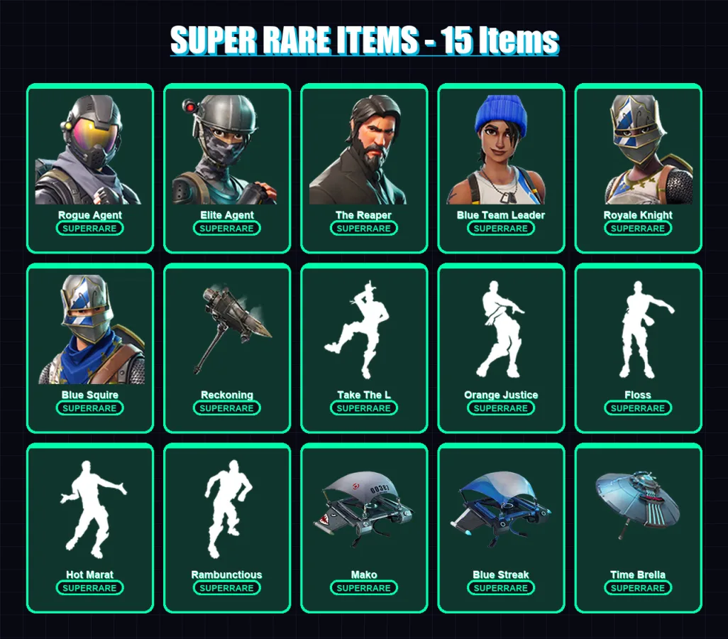 [PS4/PS5/XBOX/PC] | Rogue Agent | Elite Agent | The Reaper | Blue Team Leader | Royale Knight | 59 skin | 81 pickaxe | 102 emote | 97 glider | Lv172