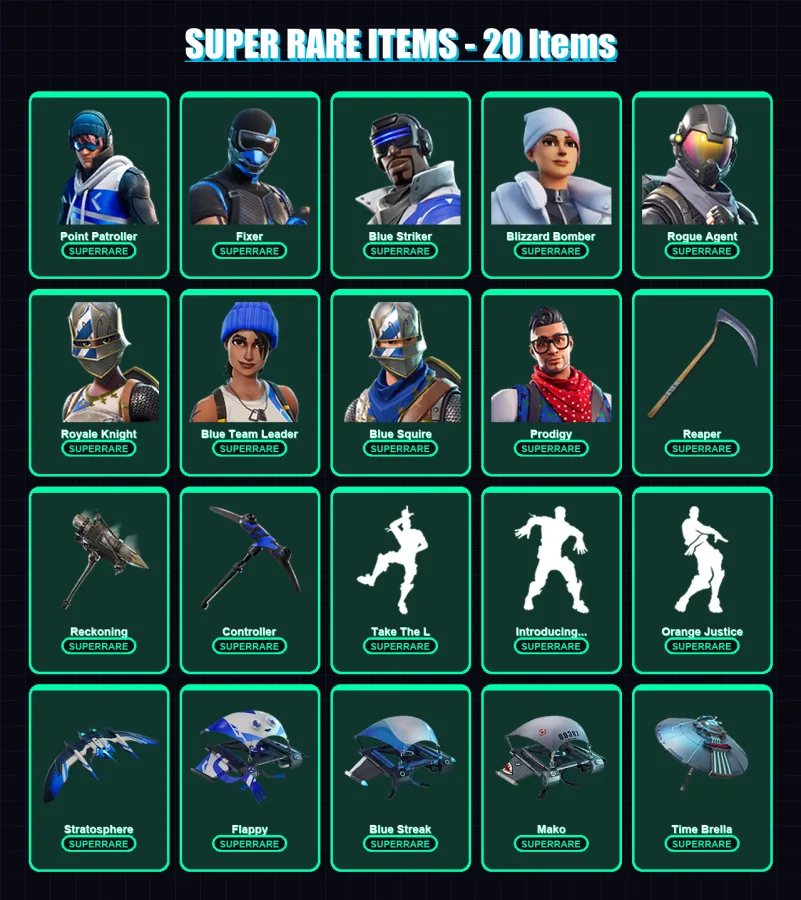 [PS4/PS5/XBOX/PC] | Point Patroller | Fixer | Blue Striker | Blizzard Bomber | Rogue Agent | 57 skin | 87 pickaxe | 83 emote | 93 glider | Lv1958