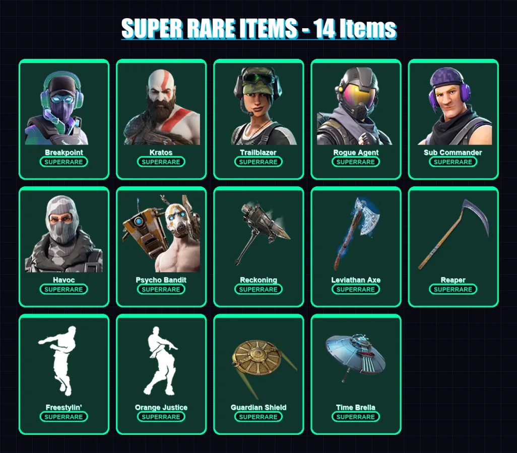 [PC] | Breakpoint | Kratos | Trailblazer | Rogue Agent | Sub Commander | 125 skin | 119 pickaxe | 75 emote | 89 glider | Lv1306