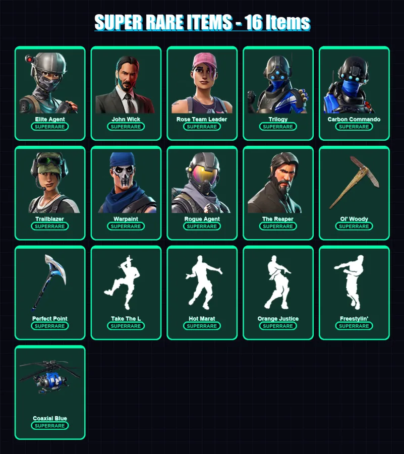 [PS4/PS5/XBOX/PC] | Elite Agent | John Wick | Rose Team Leader | Trilogy | Carbon Commando | 79 skin | 113 pickaxe | 104 emote | 103 glider | Lv1436