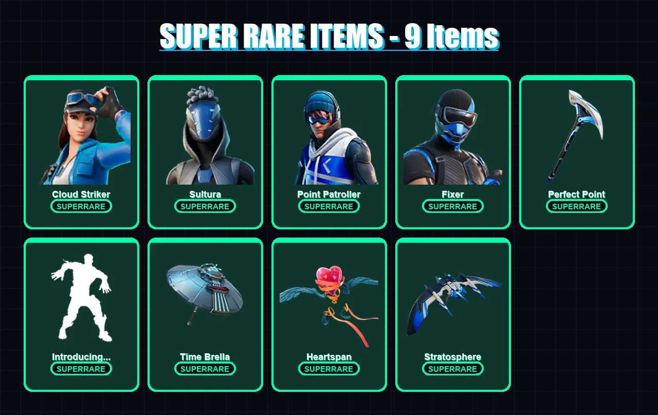 [PS4/PS5/XBOX/PC] | Cloud Striker | Sultura | Point Patroller | Fixer | Malik | 61 skin | 82 pickaxe | 61 emote | 76 glider | Lv1368
