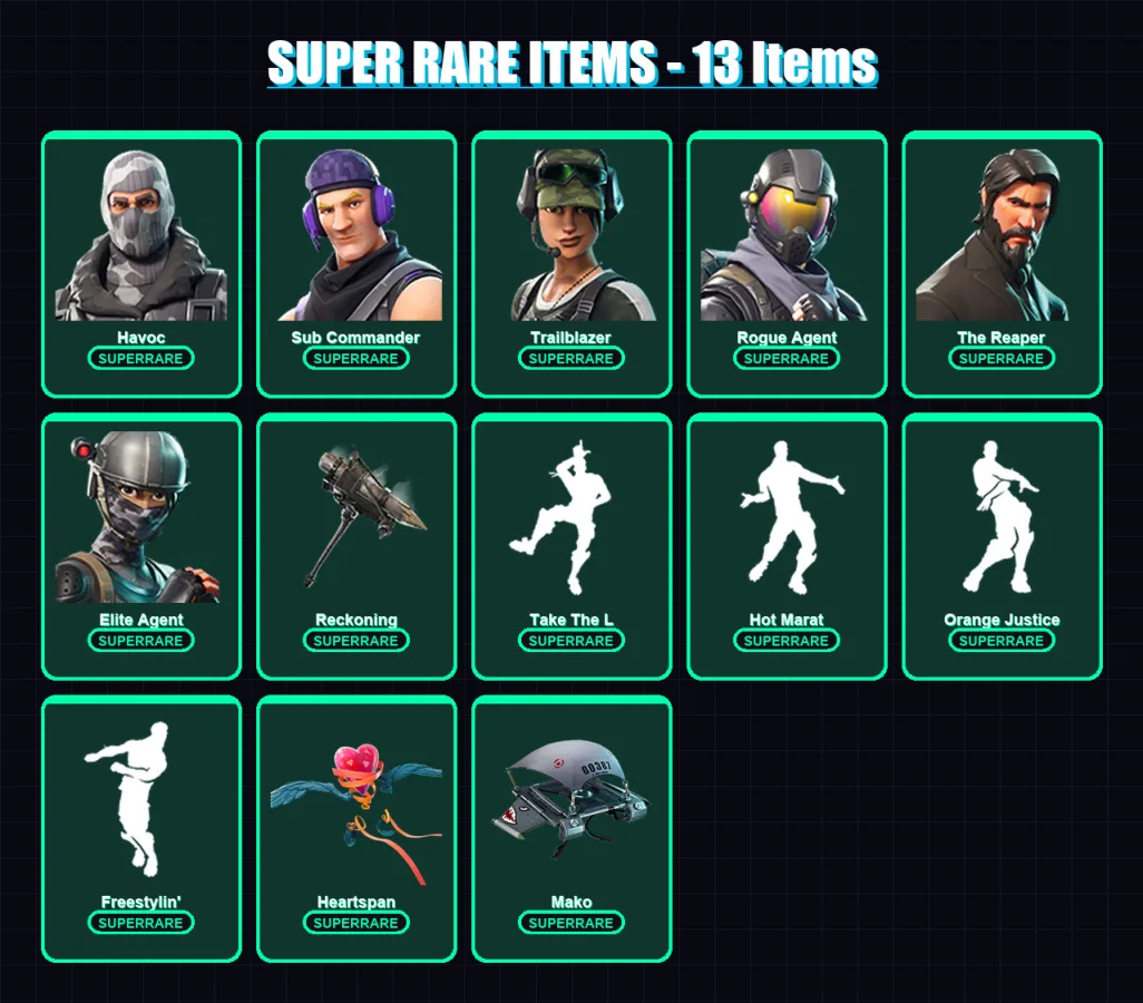 [PC/XBOX] | Havoc | Sub Commander | Trailblazer | Rogue Agent | The Reaper | 100 skin | 85 pickaxe | 100 emote | 94 glider | Lv1309 — Fortnite account