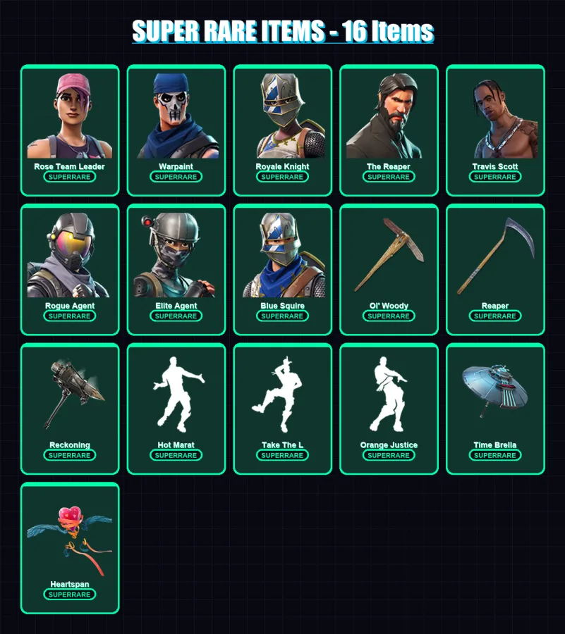 [PS4/PS5/XBOX/PC] | Rose Team Leader | Warpaint | Royale Knight | The Reaper | Travis Scott | 122 skin | 121 pickaxe | 107 emote | 135 glider | Lv15