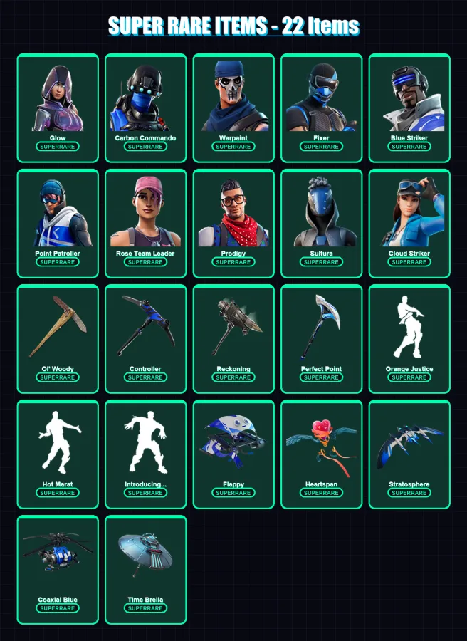 [PS4/PS5/XBOX/PC] | Glow | Carbon Commando | Warpaint | Fixer | Blue Striker | 88 skin | 133 pickaxe | 126 emote | 123 glider | Lv1564