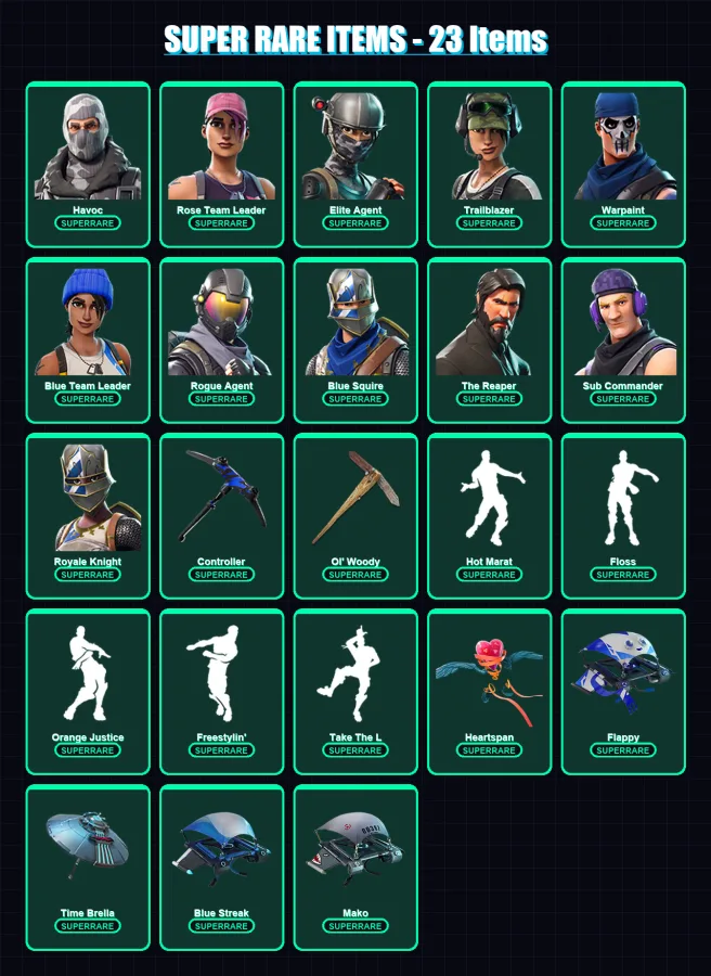 [PC] | Havoc | Rose Team Leader | Elite Agent | Trailblazer | Warpaint | 78 skin | 101 pickaxe | 92 emote | 116 glider | Lv1589