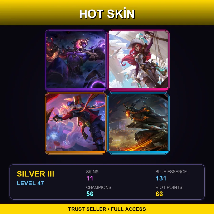 EUW | Dark Star Sylas | Battle Queen Miss Fortune | Lunar Beast Aphelios | Inkshadow Master Yi | 11 Skin | 56 Champ | Silver III | Lv47