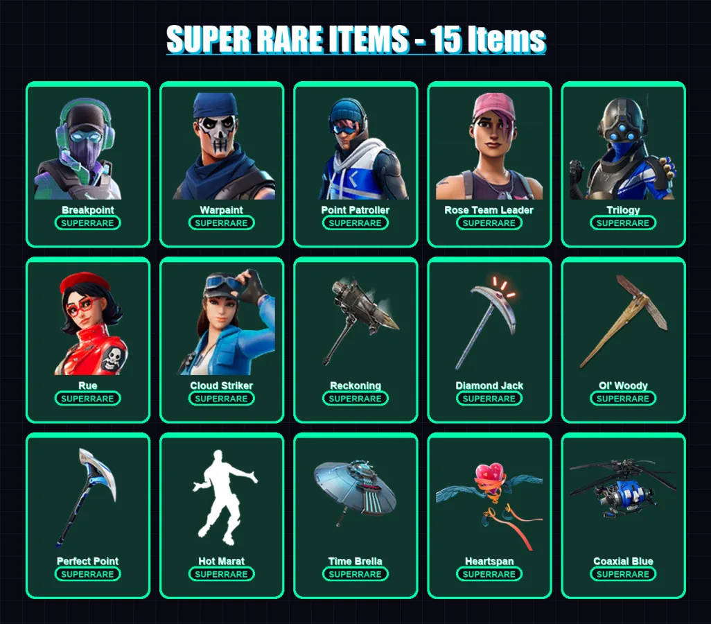 [PS4/PS5/XBOX/PC] | Breakpoint | Warpaint | Point Patroller | Rose Team Leader | Trilogy | 239 skin | 185 pickaxe | 312 emote | 143 glider | Lv1952