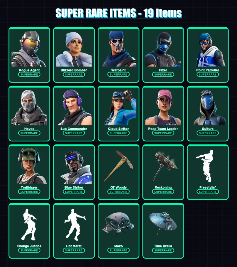 [PS4/PS5/XBOX/PC] | Rogue Agent | Blizzard Bomber | Warpaint | Fixer | Point Patroller | 107 skin | 97 pickaxe | 92 emote | 84 glider | Lv1021