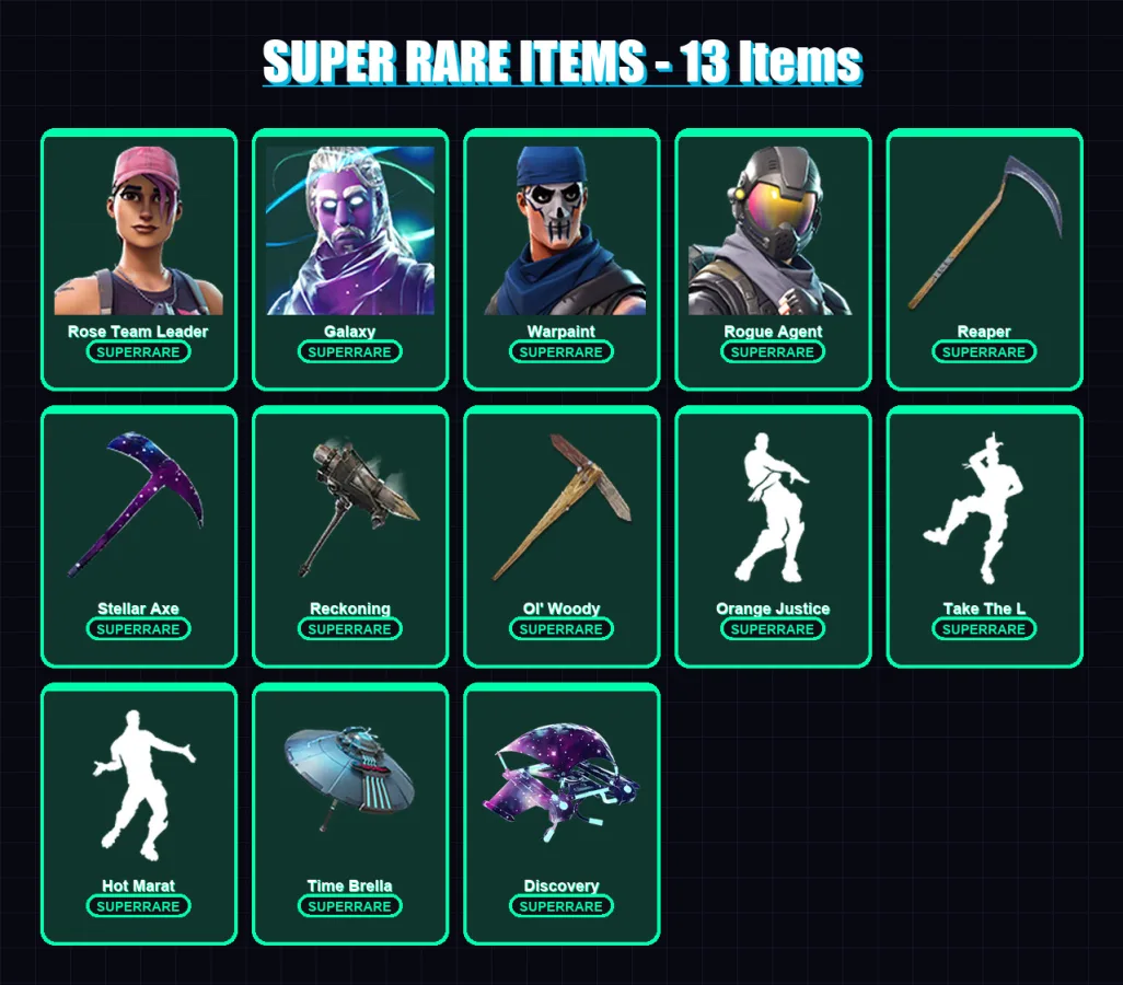 [PC/PSN] | Rose Team Leader | Galaxy | Warpaint | Rogue Agent | Calamity | 115 skin | 159 pickaxe | 144 emote | 135 glider | Lv2015
